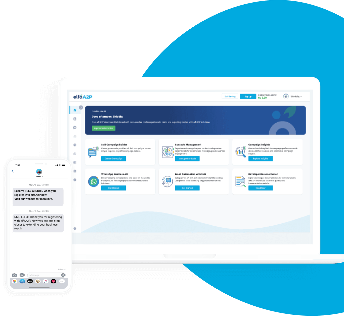 elfo A2P messaging dashboard and mobile preview